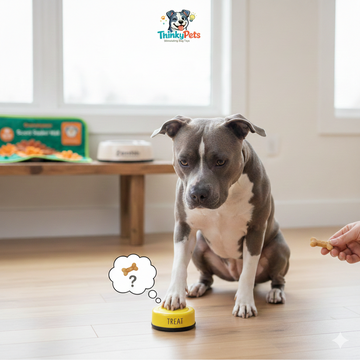 An american Staffordshire pressing a talking button for a treat
