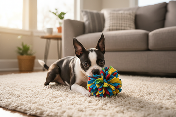 Boston Terrier Puppy in living room playing with a snuffle ball