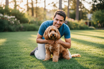 Man hugging a cavoodle dog outside on the lawn during sunset