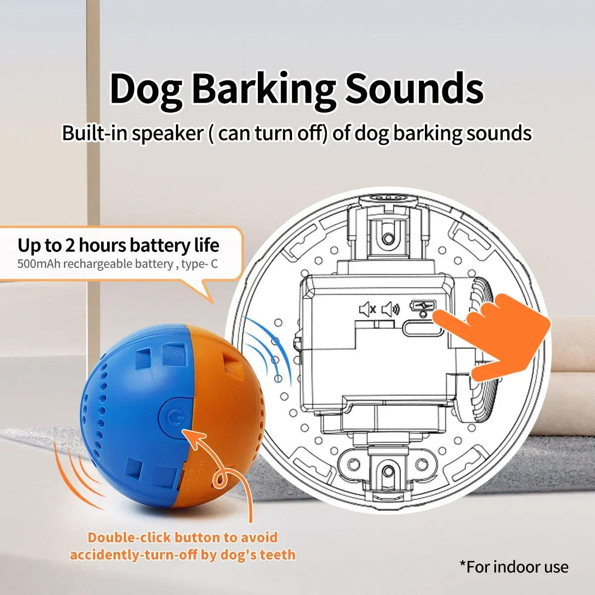 Dog barking sound device with technical diagram and features  - highlighted from ThinkyPets