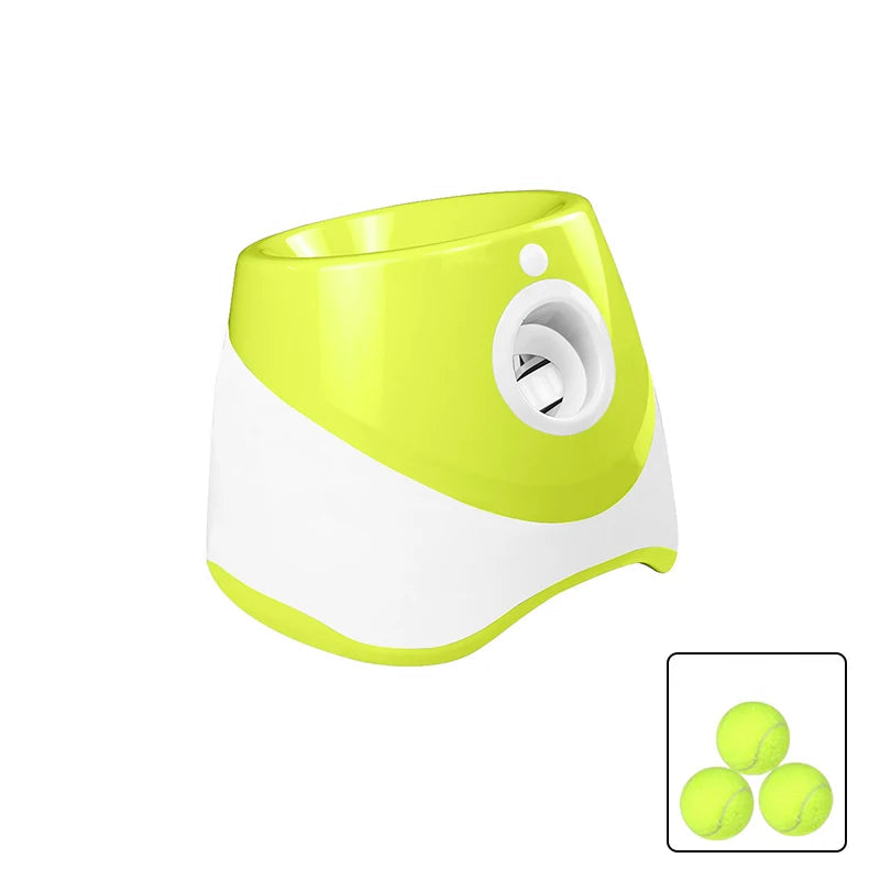 Pet toy with adjustable distance settings shown in various outdoor settings with dogs.