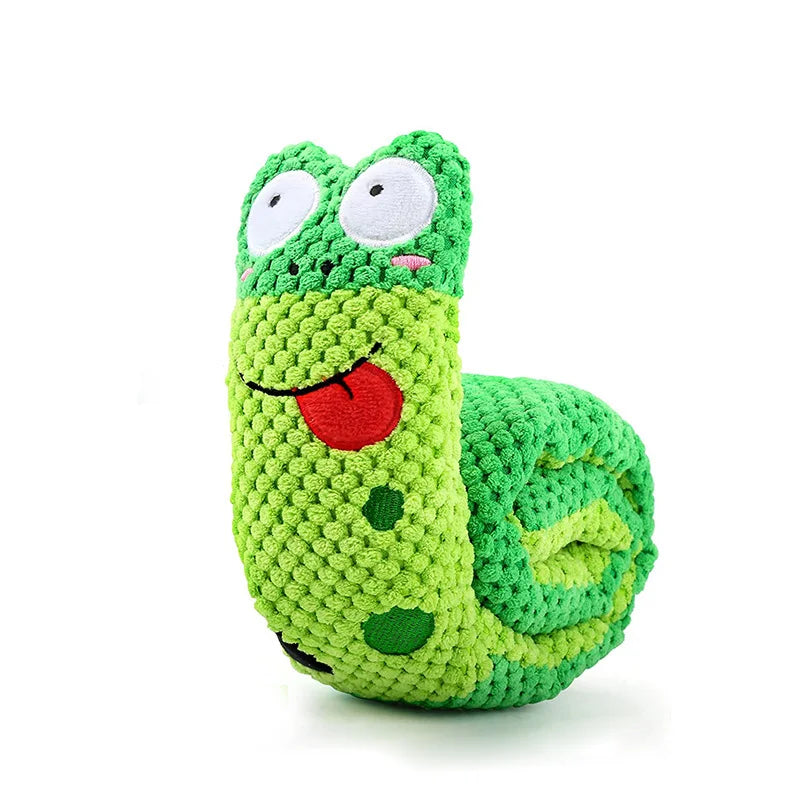 Green crocheted toy with a face on a white background from shop ThinkyPets 