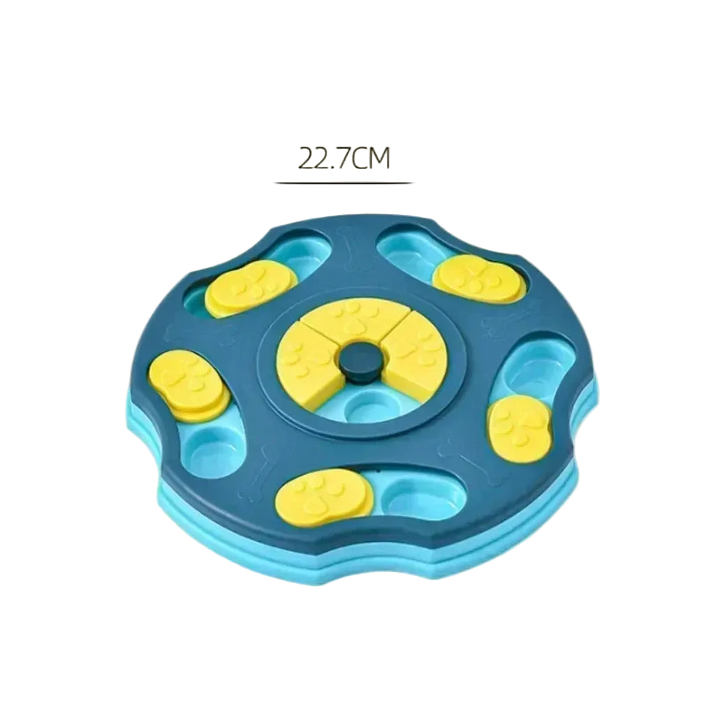 Blue and yellow puzzle puppy puzzle toy with measurement label on a beige background from ThinkyPets