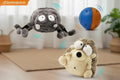 Dog toys including a spider, ball, and hedgehog with a dog playing with them on a white background supplied by ThinkyPets
