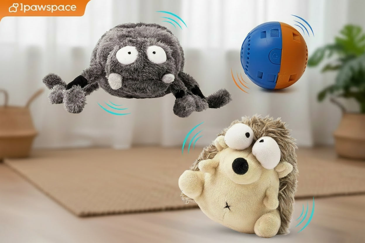 Dog toys including a spider, ball, and hedgehog with a dog playing with them on a white background supplied by ThinkyPets