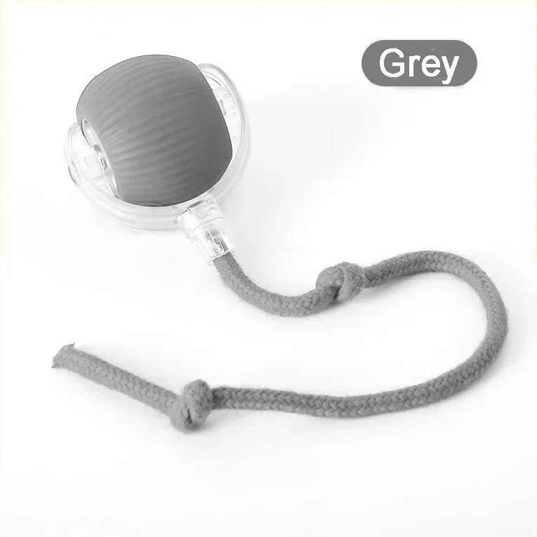 Gray rechargeable (USB C) dog  and cat toy with a rope on a white background supplied by ThinkyPets