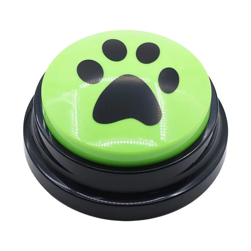 Green button with a black paw print on a white background