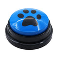 Blue button with a black paw print design on a white background
