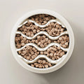 Circular pet food dish with wavy pattern filled with dog food on a neutral background