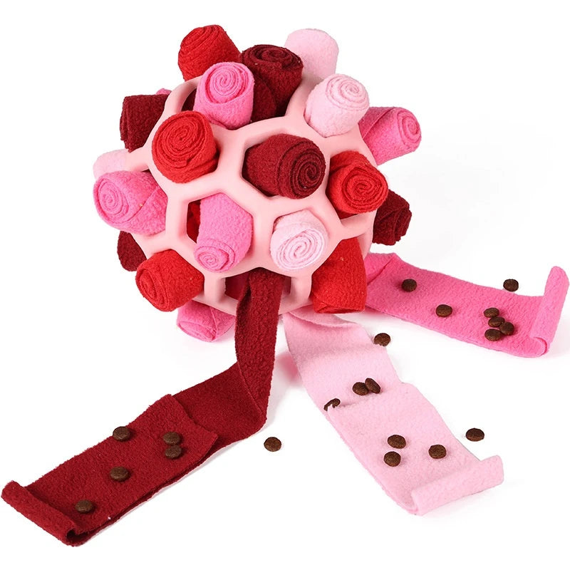 Bouquet made of red and pink fabric flowers with a pink ribbon on a white background  on the shop ThinkyPets