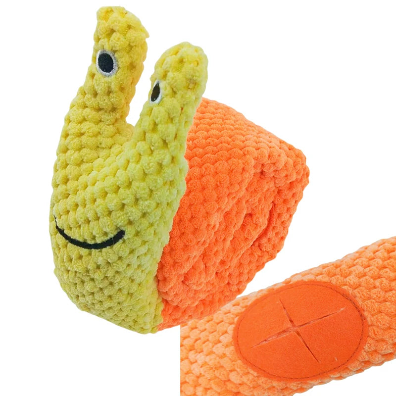 Plush toy snail with a smiling face on an orange shell against a white background from shop ThinkyPets