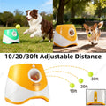 Pet toy with adjustable distance settings shown in various outdoor settings with dogs.