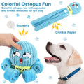 Colorful octopus toy with squeaker and crinkle tentacles for fun play, featuring a dog and text describing features. from shop ThinkyPets
