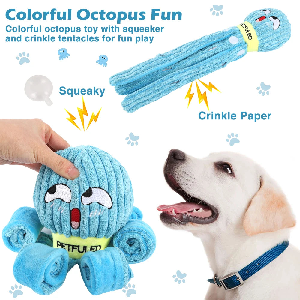 Colorful octopus toy with squeaker and crinkle tentacles for fun play, featuring a dog and text describing features. from shop ThinkyPets