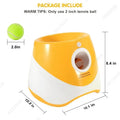 Yellow and white ball launcher with dimensions and tennis ball included on a white background