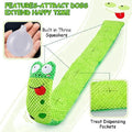 Green caterpillar-shaped dog toy with text highlighting features on a white background from shop ThinkyPets