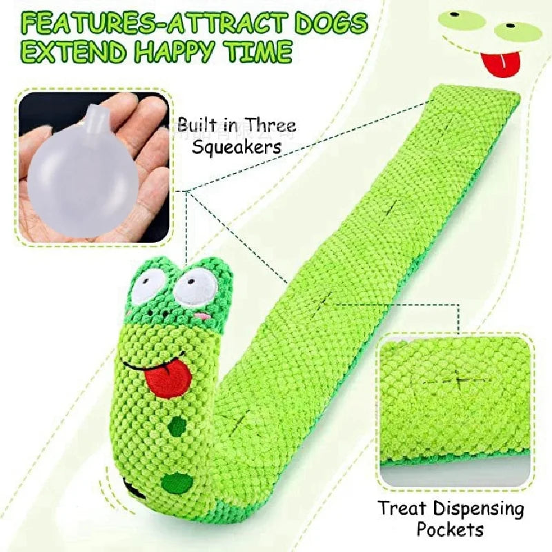 Green caterpillar-shaped dog toy with text highlighting features on a white background from shop ThinkyPets