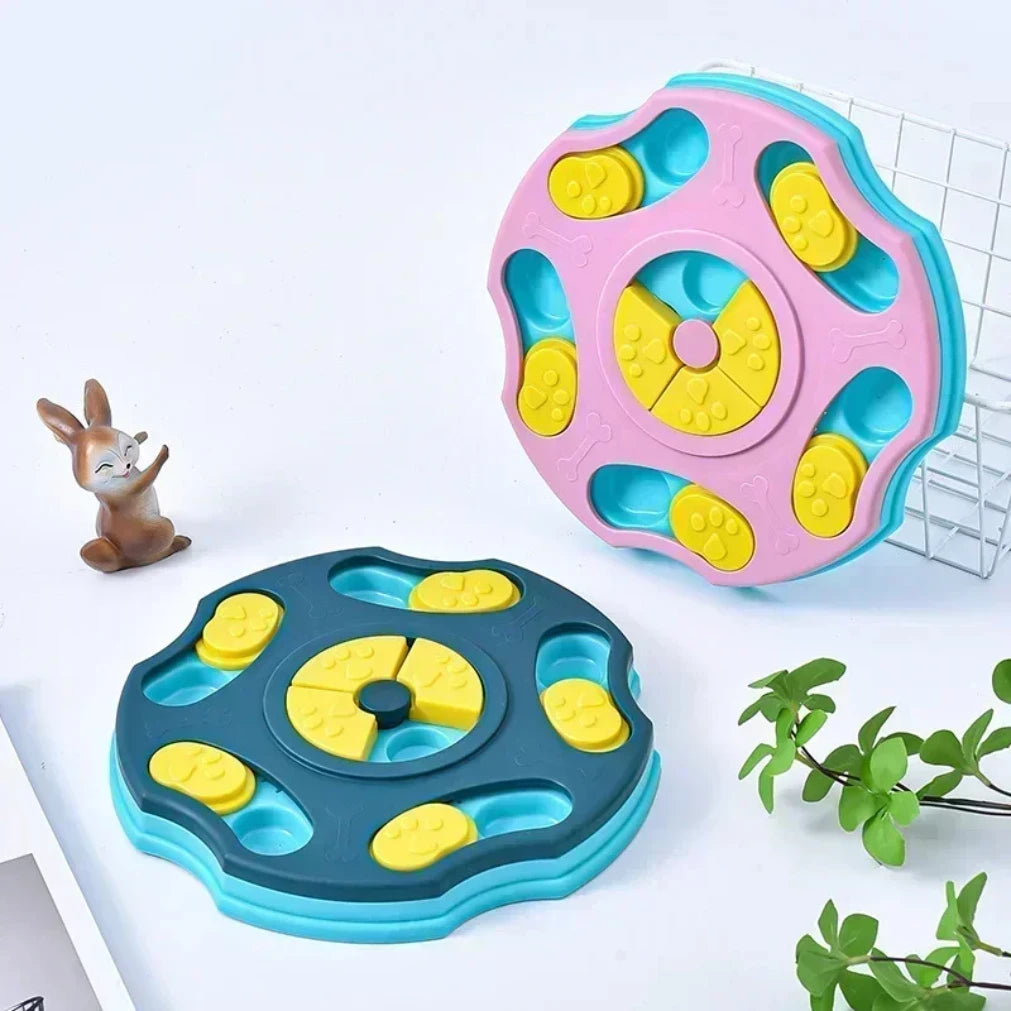 Two colorful dog toys with yellow centers on a light background thinkypets store online