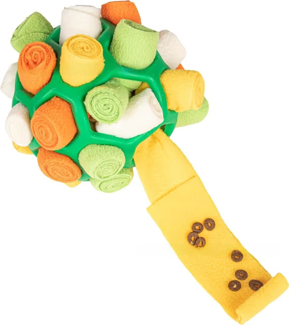 Colorful dog toy with textured surface and yellow handle on a white background on the shop ThinkyPets 