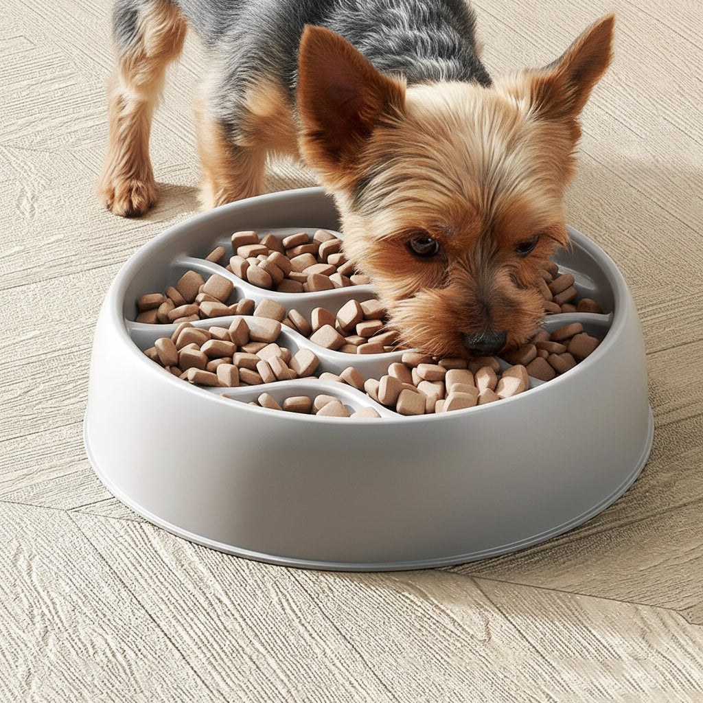 Pet food in a modern, divided bowl on a wooden floor with a Yorkshire Terrier eating from the bowl sold by thinkypets.