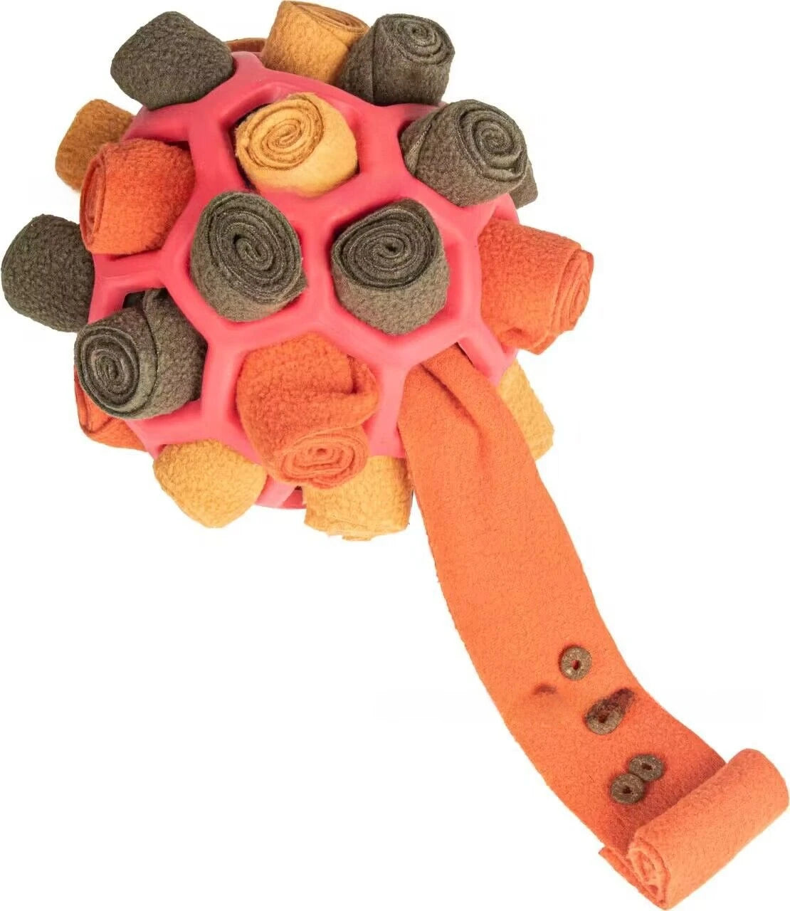 Colorful dog toy with pink base and orange handle on a white background  on the shop ThinkyPets