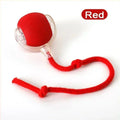 Red rechargeable (USB C) dog  and cat toy with a rope on a white background supplied by ThinkyPets