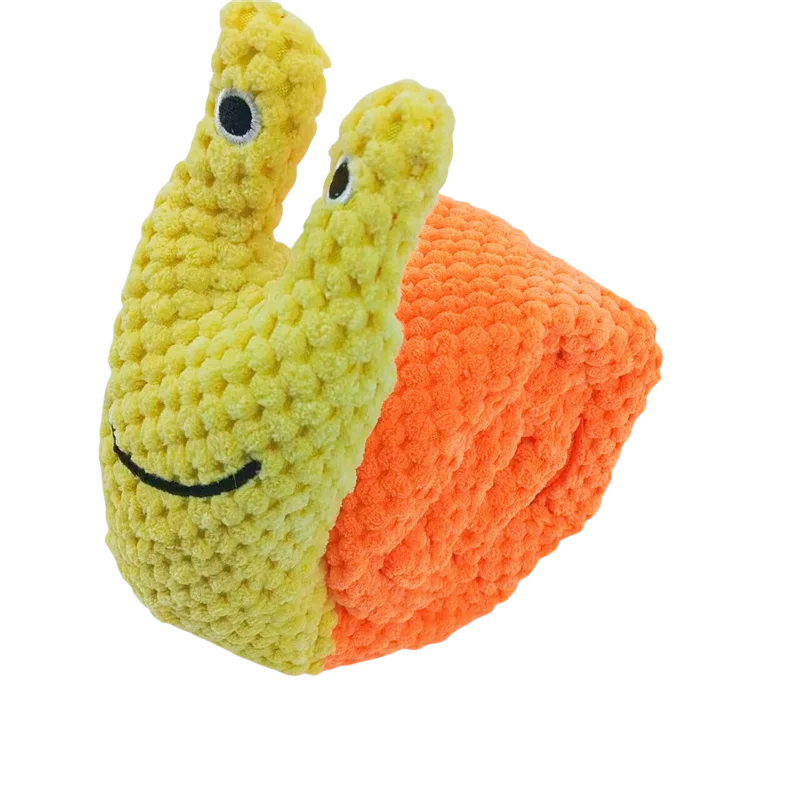 Plush toy snail with a smiling face on an orange shell against a white background from shop ThinkyPets