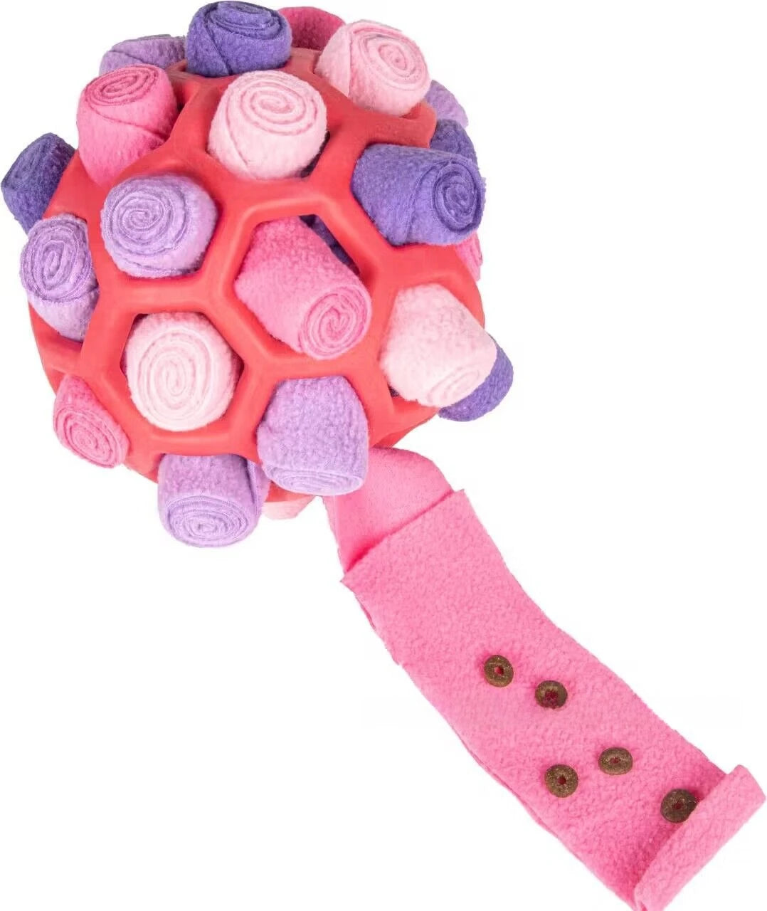 Pink and purple textured dog toy with a handle on a white background  on the shop ThinkyPets