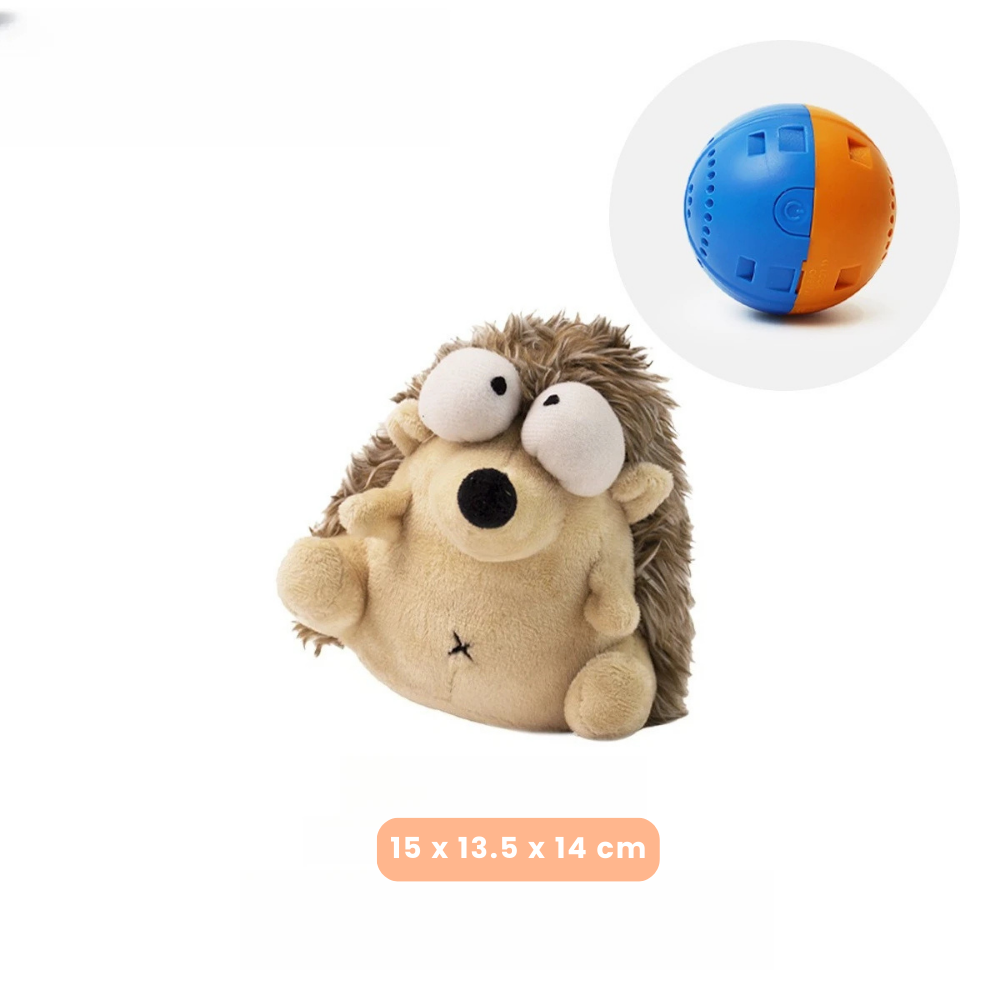 ThinkyPets hedgehog plush dog toy with noise‑reducing detachable cover and easy‑bite limbs