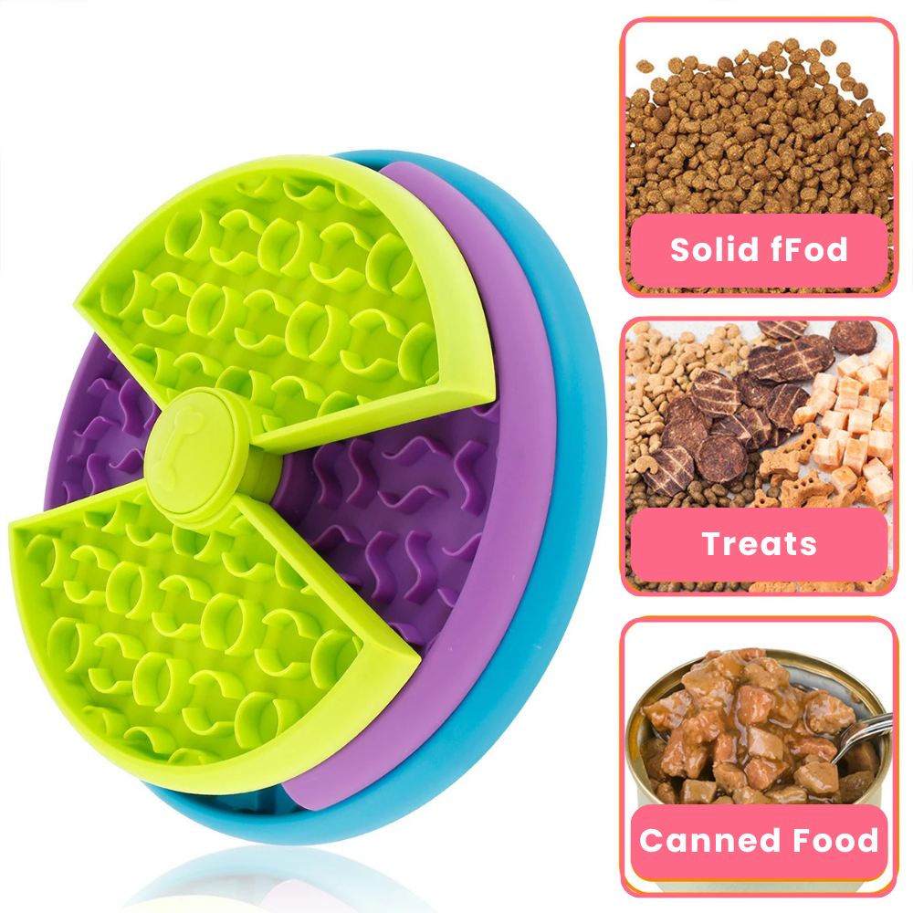 Colorful pet puzzle feeder with images of solid food, treats, and canned food on a white background shipped by ThinkyPets