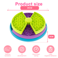 Colorful three layered pet slow feeder toy with dimensions and benefits, such as reducing boredom, IQ development, slow feeding and less negative behaviour on a white background shipped by ThinkyPets