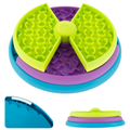 Colorful puzzle toy with green, purple, and blue sections on a white background showing the side view of the three layer feeder shipped by ThinkyPets