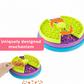 Colorful dog puzzle toy with a dog and text highlighting unique mechanism shipped by ThinkyPets