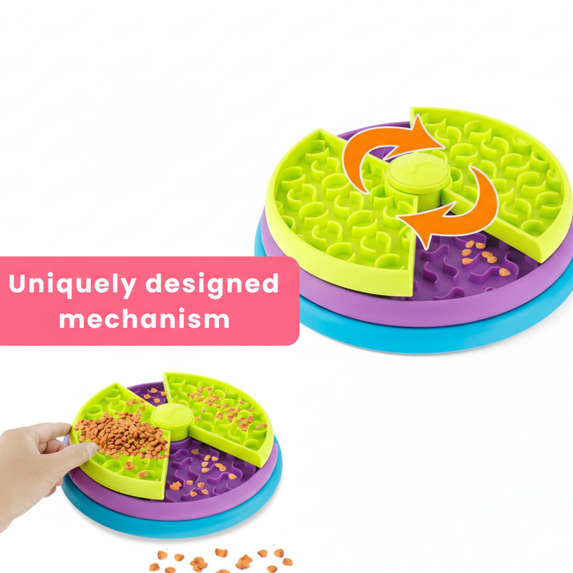 Colorful dog puzzle toy with a dog and text highlighting unique mechanism shipped by ThinkyPets
