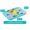 Dog puzzle toy with measurements and suitability for cats and dogs on a white background