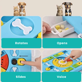Pet puzzle toy with various features like rotating, opening, sliding, and voice interaction, shown with pets watching.