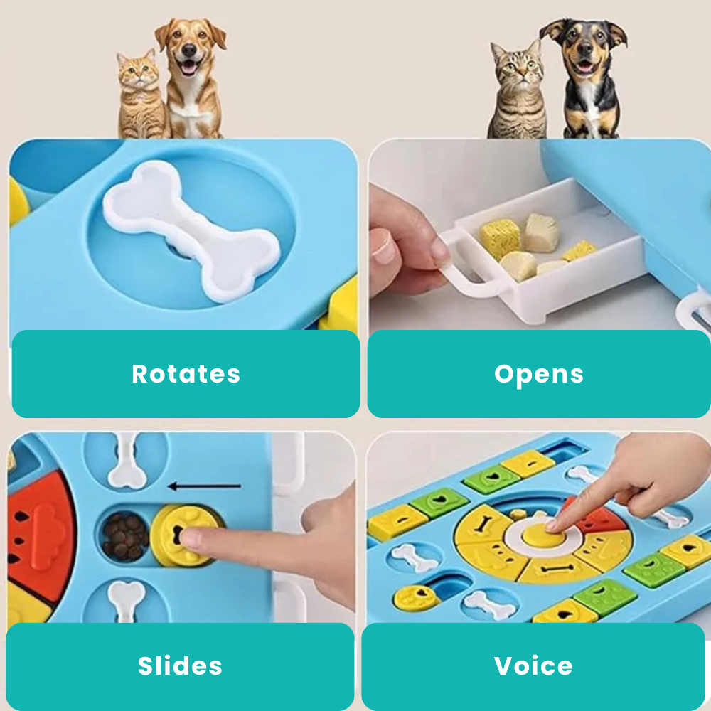 Pet puzzle toy with various features like rotating, opening, sliding, and voice interaction, shown with pets watching.