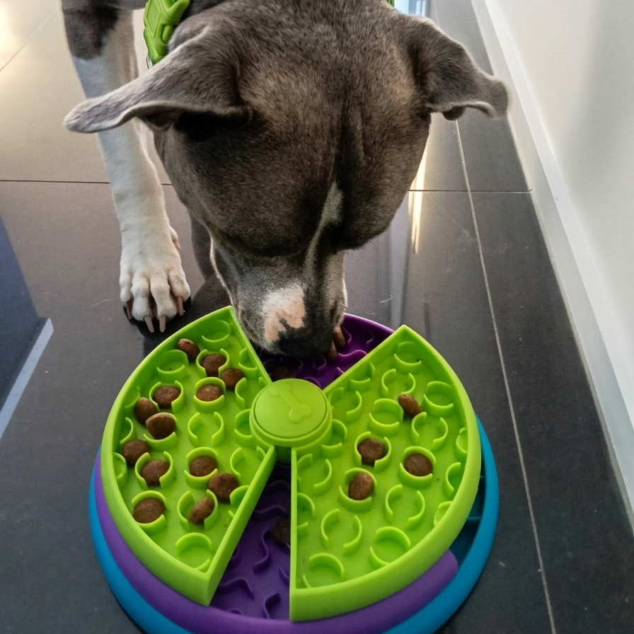 Dog interacting with a colorful puzzle toy on a tiled floor.