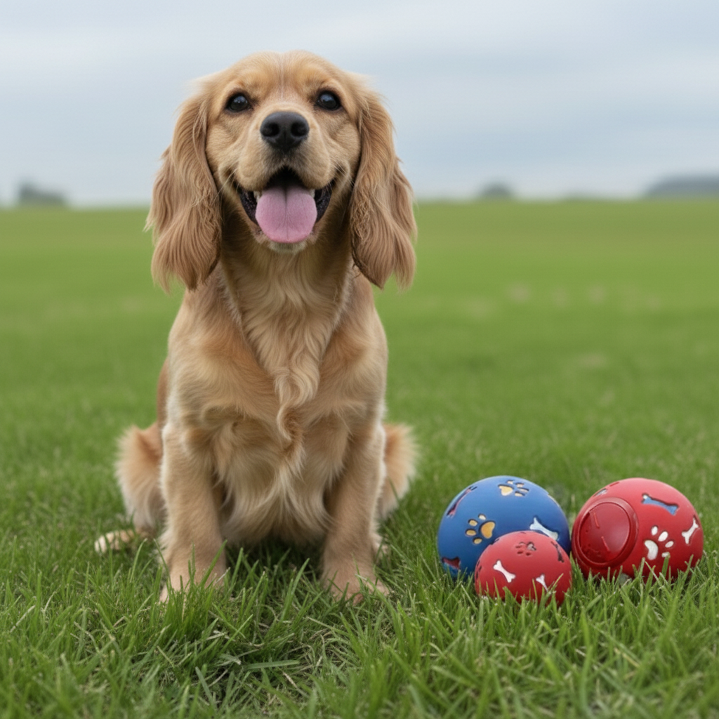 Dog playing with colorful balls on a grassy field