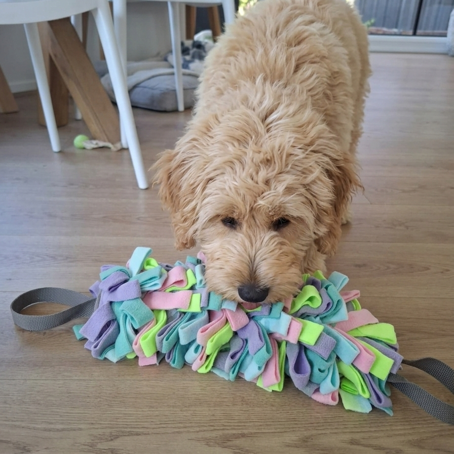 Dog playing with a colorful rope toy on a wooden floor.
