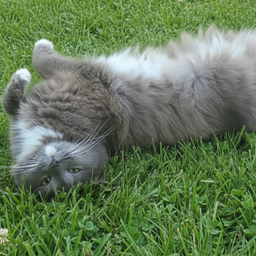 Cat lying on its back in green grass