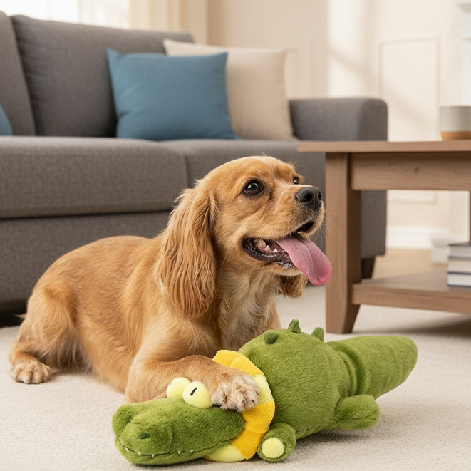 Dog playing with a green alligator toy on a white background