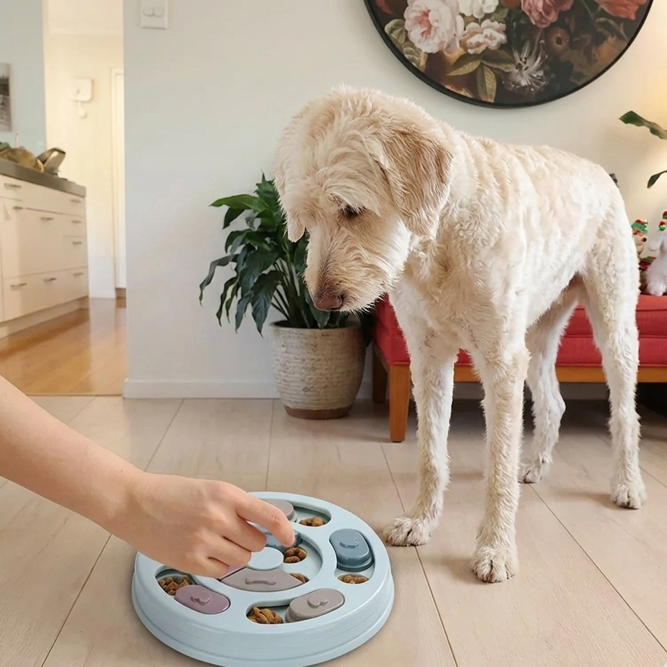 Dog interacting with a puzzle toy on a wooden floor.