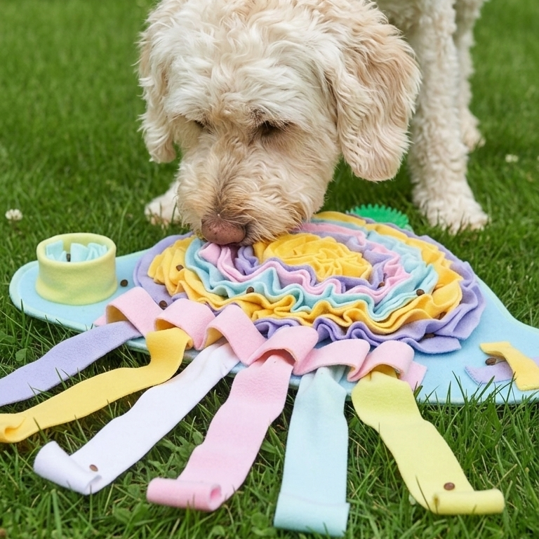 Dog playing with a colorful dog toy on grass