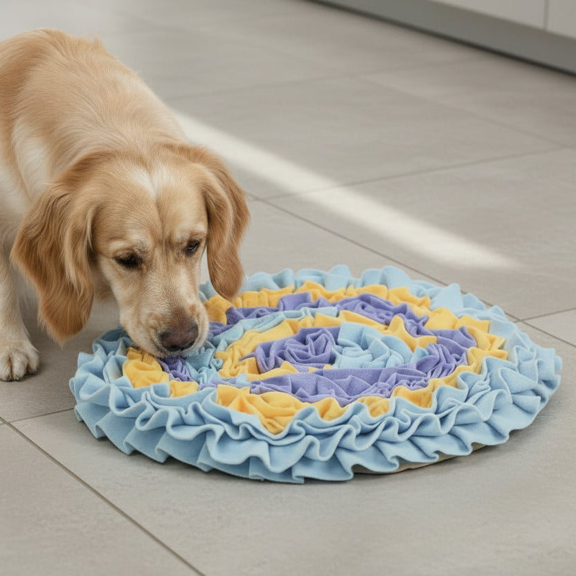 Brown dog playing with a colorful pet mat on a wooden floor
