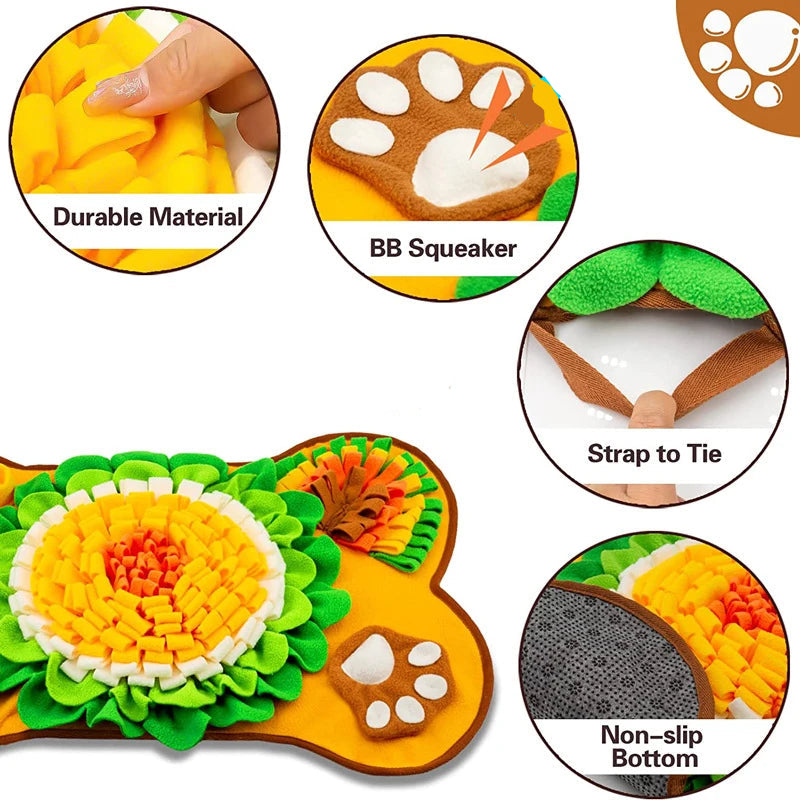 Dog toy with features highlighted, including durable material, BB squeaker, strap to tie, and non-slip bottom.