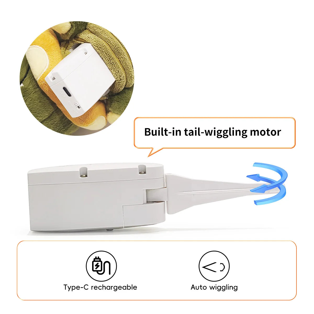Pet toy with built-in tail-wiggling motor and Type-C rechargeability on a white background Keep your dog entertained indoors with the Waggle-Tail Buddy. A motion-activated, Type-C rechargeable toy that wags its tail when touched. $5.50 NZ shipping.