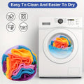 Colorful towels next to a washing machine with text 'Easy To Clean And Easier To Dry'.