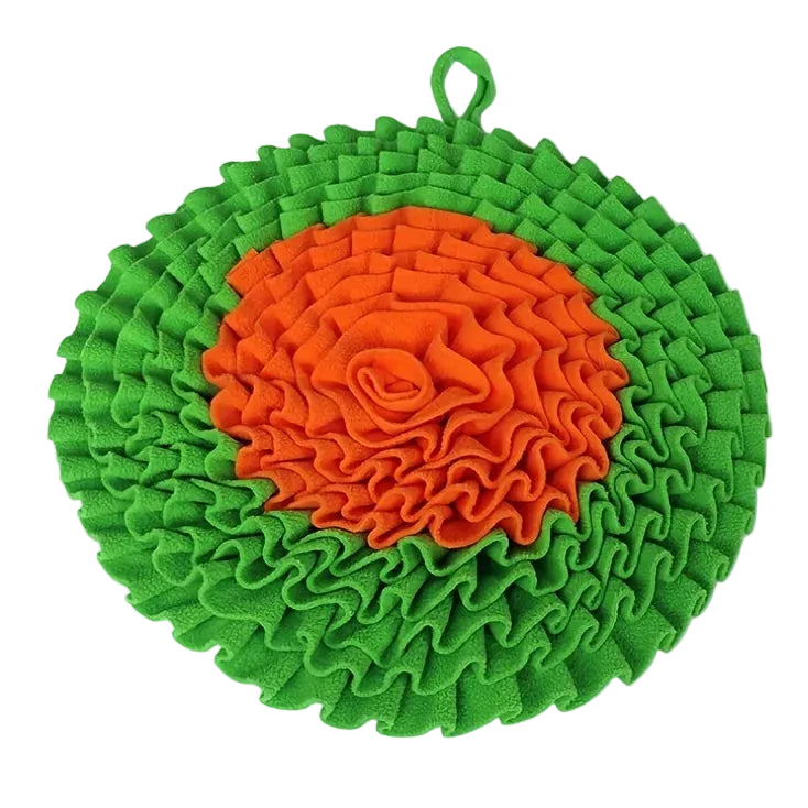 Green and orange textured sniffle mat on a light white background sold by thinkypets