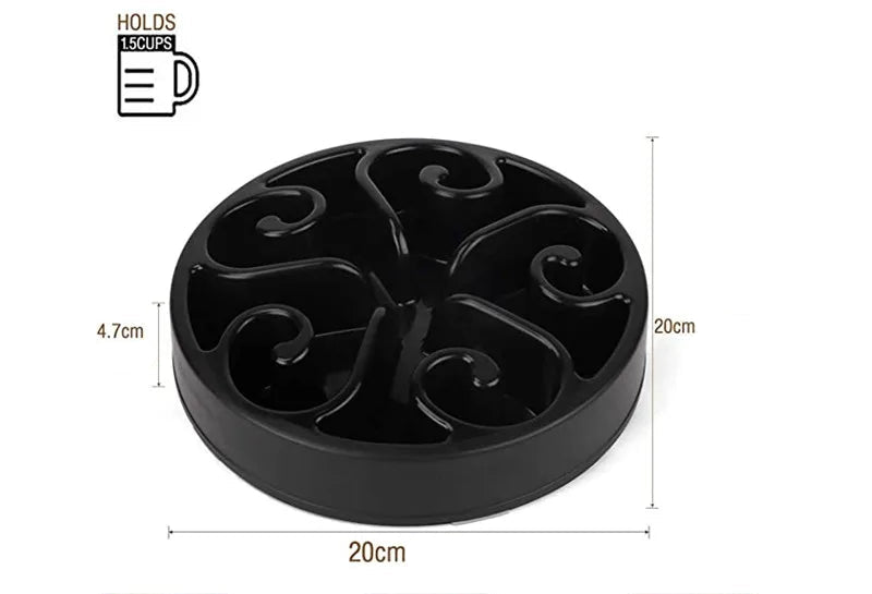 Black pet slow feeder with measurements and benefits on a white background sold by thinkypets
